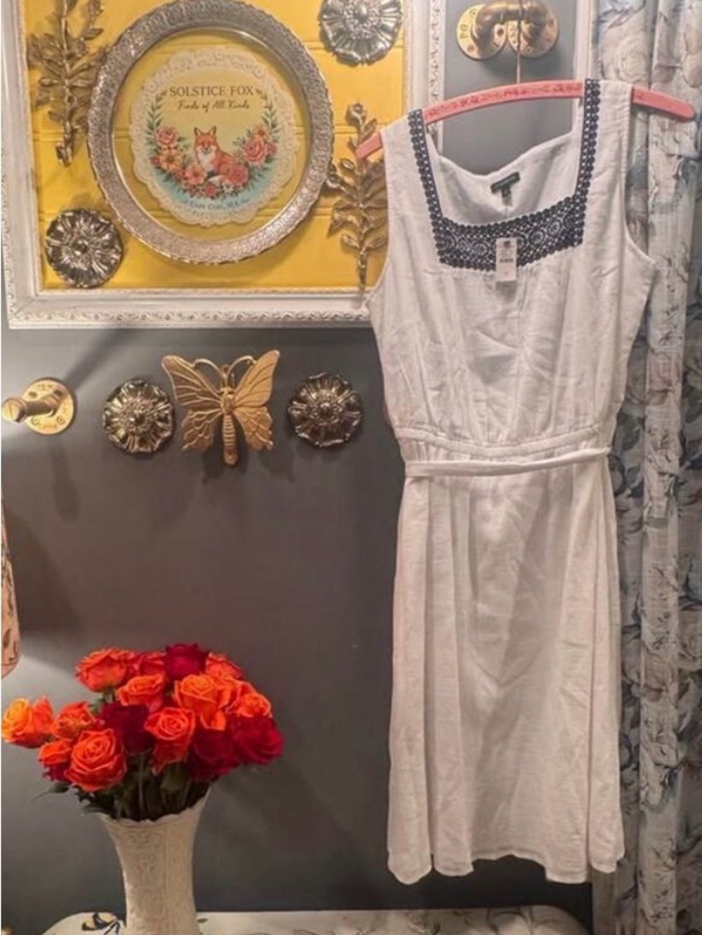 NWT Talbots White Linen Blend Dress – Black Embroidered Trim – Size 4